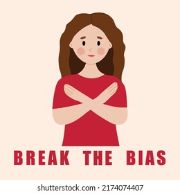 Break the bias trendy illustration with woman hands crossed.
Women equality concept, break stereotype towards women.