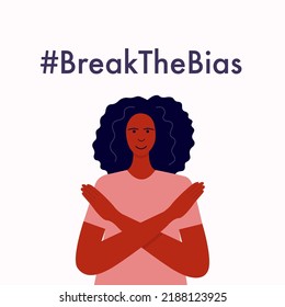 Break the bias vector poster. Blach woman cross arms with gesture stop flat vector illustration