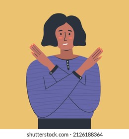 Break the bias. Woman's international day. IWD. 8th march. women cross arms. Female character. Discrimination and stereotype. Hand drawn vector illustration, poster, banner