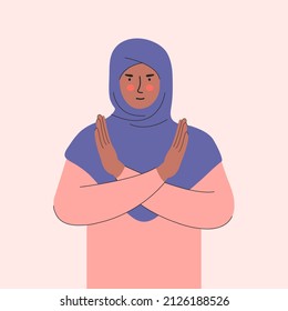 Break the bias. Woman's international day. IWD. 8th march. Muslim women in hijab cross arms. Female character. Discrimination and stereotype. Hand drawn vector illustration, poster, banner