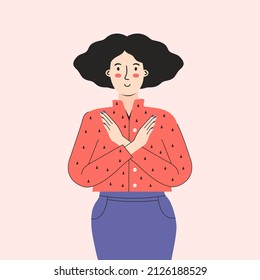 Break the bias. Woman's international day. IWD. 8th march. Strong brave woman cross arms. Female character. Discrimination and stereotype. Hand drawn vector illustration, poster, banner