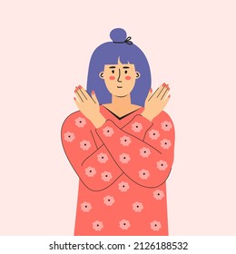Break the bias. Woman's international day. IWD. 8th march. Asian woman cross arms. Female character. Discrimination and stereotype. Hand drawn vector illustration, poster, banner