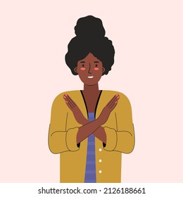 Break the bias. Woman's international day. IWD. 8th march. women cross arms. Female character. Discrimination and stereotype. Hand drawn vector illustration, poster, banner