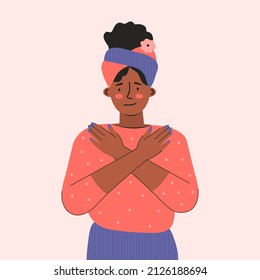 Break the bias. Woman's international day. IWD. 8th march. women cross arms. Female character. Discrimination and stereotype. Hand drawn vector illustration, poster, banner