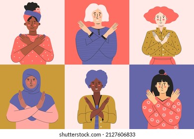 Break the bias. Woman's international day 8th march. IWD. Women with different skin color and ethnic groups cross their arms on their chest. Choose To Challenge. Horizontal poster, banner