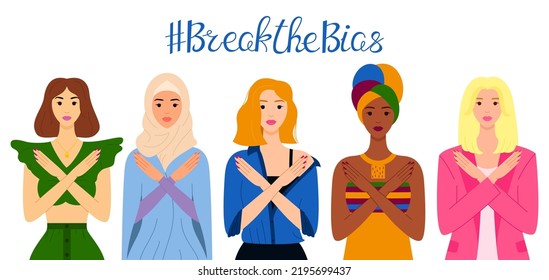 Break the bias. Women of different ethnic group crossed their arms. International Women's Day horizontal banner. Gesture of refusal and prohibition. Campaign against stereotypes, violence