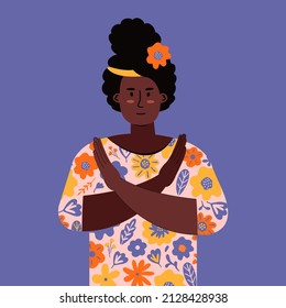 Break the bias. Women's international day. IWD. 8th march. Black woman cross arms his chest in protest.  Women's Movement. Against discrimination, inequality, stereotypes. Illustration in flat vector