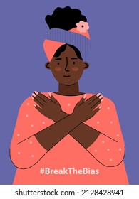 Break the bias. Women's international day. IWD. 8th march. Black woman cross arms his chest in protest.  Women's Movement. Against discrimination, inequality, stereotypes. Illustration in flat vector