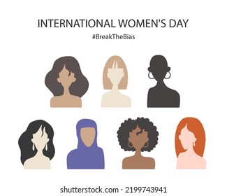 Break the bias. Women's international day 8th march. Celebrate women's achievement. Raise awareness against bias. IWD. Women with different skin color and ethnic groups. Flat vector illustration