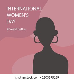 Break the bias. Women's international day 8th march. Celebrate women's achievement. Portrait of beautiful black woman. Raise awareness against bias. IWD. Flat vector illustration