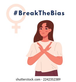 Break the bias. Women's international day. Crossed arms to support gender equality. Flat vector illustration isolated on white background