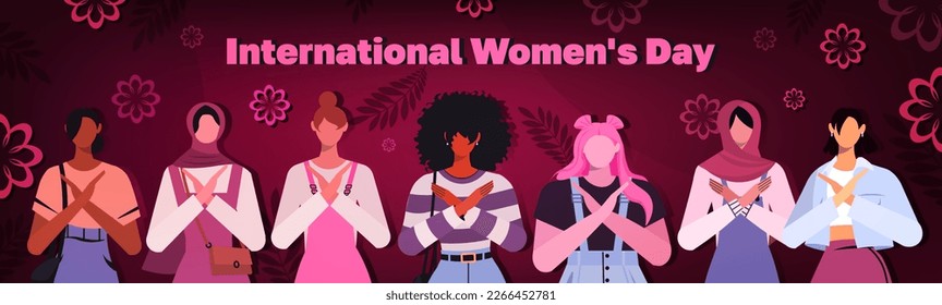 Break the bias. Women's international day. March 8th. Banner with women with different skin color and ethnic groups cross arms to stop gender discrimination and fight stereotypes. Flat vector  - Shutterstock ID 2266452781