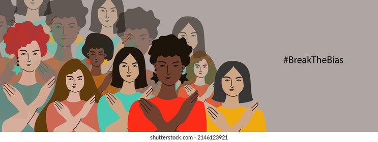 Break the bias. Women's Movement against discrimination.Womens day. Vector horizontal banner.
