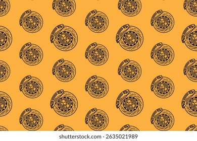 break caliper with disc break engraving line art seamless pattern on yellow background. retro breaking system hatching pattern wallpaper for sport, automotive, garage, spare part, industry
