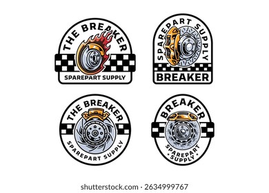 break caliper on disc break with fire flaming badge logo vector design set for sport, automotive, garage, workshop, spare part, industry. breaking system car illustration emblem logo designs.