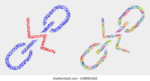 Break chain collage icon of triangle elements which have various sizes and shapes and colors. Geometric abstract vector design concept of break chain.