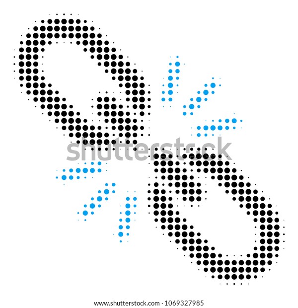 Break Chain Link halftone vector\
pictogram. Illustration style is dotted iconic Break Chain Link\
icon symbol on a white background. Halftone matrix is round\
points.
