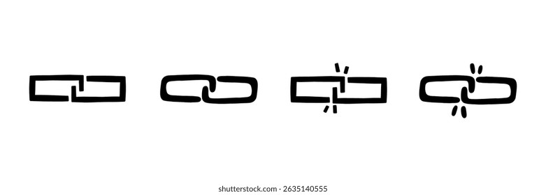 Break chain link icon black set. Weak disconnect line broken gap unlink collection. Vector illustration