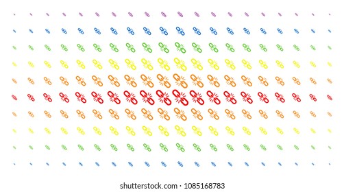 Break chain link icon rainbow colored halftone pattern. Vector break chain link shapes are arranged into halftone matrix with vertical spectral gradient. Designed for backgrounds, covers,