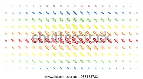 Break chain link icon rainbow colored halftone\
pattern. Vector break chain link shapes are arranged into halftone\
matrix with vertical spectral gradient. Designed for backgrounds,\
covers,