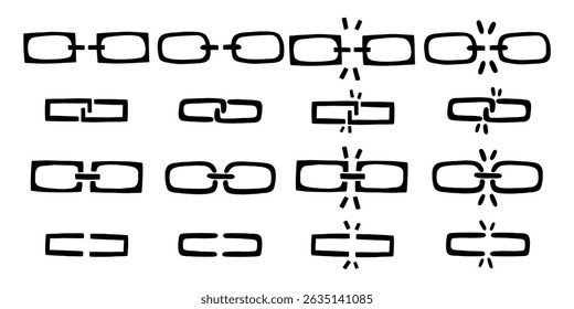 Break chain link icon set. Weak disconnect line broken gap unlink collection. Vector illustration