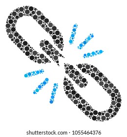 Break Chain Link mosaic of filled circles in variable sizes and color tints. Circle elements are composed into break chain link vector composition. Vector design concept.