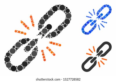 Break chain link mosaic of round dots in various sizes and color tints, based on break chain link icon. Vector dots are composed into blue mosaic.