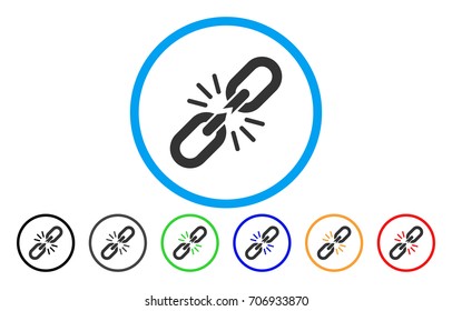 Break Chain Link vector rounded icon. Image style is a flat gray icon symbol inside a blue circle. Additional color versions are gray, black, blue, green, red, orange.