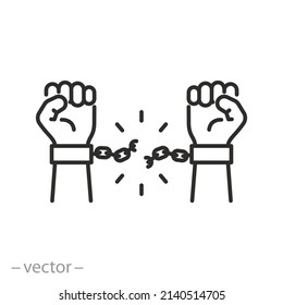 break chain on hands icon, struggle freedom from slavery, arm explode, thin line symbol on white background - editable stroke vector illustration