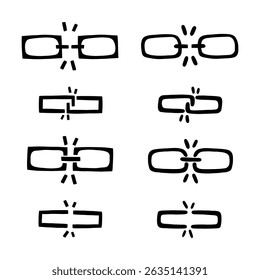 Break chain unlink icon set. Weak disconnect line broken gap unlink collection. Vector illustration