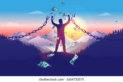 Break the chains to accomplish financial freedom. Man breaking free in sunrise with money raining down, breaking chains, winner, entrepreneur, powerful financial man concept. Vector illustration. - Shutterstock ID 1654733575