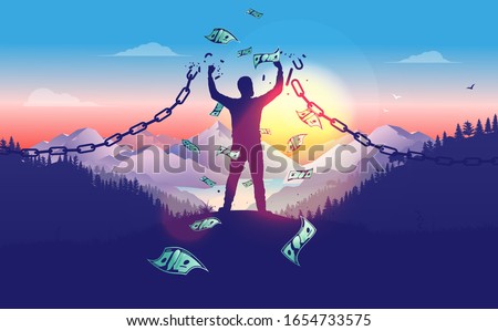 Break the chains to accomplish financial freedom. Man breaking free in sunrise with money raining down, breaking chains, winner, entrepreneur, powerful financial man concept. Vector illustration.