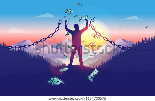 Break the chains to accomplish financial\
freedom. Man breaking free in sunrise with money raining down,\
breaking chains, winner, entrepreneur, powerful financial man\
concept. Vector\
illustration.