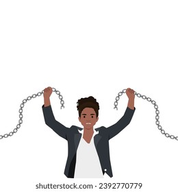 Break the chains to accomplish freedom. breaking chains, winner, entrepreneur, powerful financial Woman concept. Flat vector illustration isolated on white background