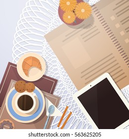 Break Coffee Cup Cake Table Top Angle View Banner Flat Vector Illustration