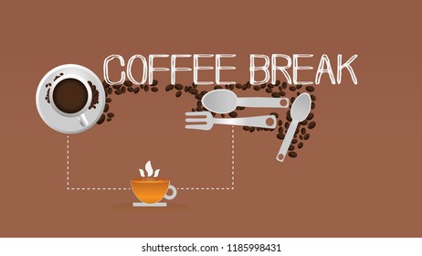 Break Coffee Cup Cake  Top Angle View Banner Flat Vector Illustration