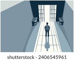 break comfort zone concept, top view of a man standing alone in a cage-prison room, light shining outdoor  