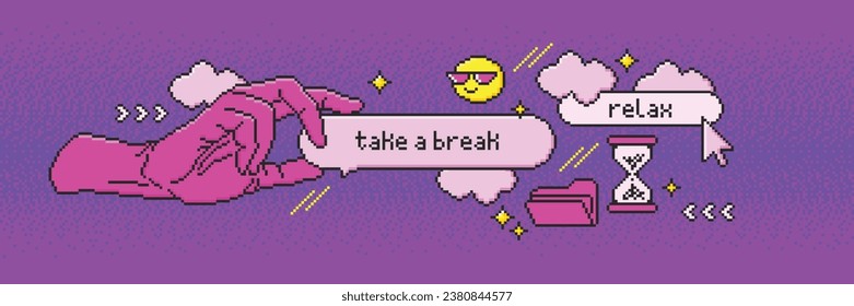 The a break concept in retro 8-bit game pixel style. Design templates for card, social media, banner. Vector illustration in the mood of 90's aesthetics. 