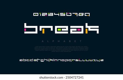 Break creative modern geometric urban alphabet font. Digital abstract futuristic, game, techno, robot, music, logo, sport, minimal technology typography. Simple numeric vector illustration