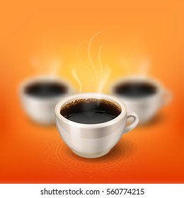 break. a cup of coffee in focus and two blurred on the background. hot flavored mug