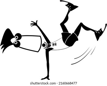 Break dance boy.
Cartoon break dance boy balance on the hand. Black on white
