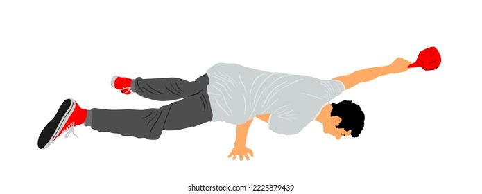 Break dance boy vector illustration isolated on white background. Modern urban dancer exhibition show. Attractive athlete man performer skills on street. Fit sport gymnastic figure. Hip hop music show