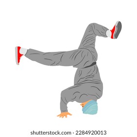 Break dance boy vector illustration isolated on white background. Modern urban dancer exhibition show. Attractive athlete man performer skills on street. Fit sport gymnastic figure. Hip hop music show