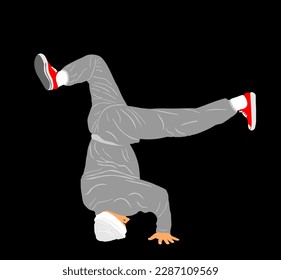 Break dance boy vector illustration isolated on black background. Modern urban dancer exhibition show. Attractive athlete man performer skills on street. Fit sport gymnastic figure. Hip hop music show