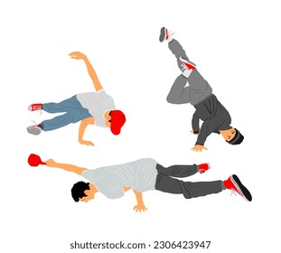 Break dance boy vector illustration isolated on white background. Modern urban dancer exhibition show. Attractive athlete man performer skills on street. Fit sport gymnastic figure. Hip hop music show