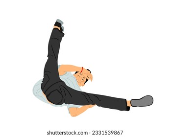 Break dance boy vector illustration isolated on white background. Modern urban dancer exhibition show. Attractive athlete man performer skills on street. Fit sport gymnastic figure. Hip hop music show