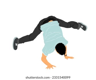 Break dance boy vector illustration isolated on white background. Modern urban dancer exhibition show. Attractive athlete man performer skills on street. Fit sport gymnastic figure. Hip hop music show