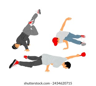 Break dance boy vector illustration isolated on white background. Modern urban dancer exhibition show. Attractive athlete man performer skills on street. Fit sport gymnastic figure. Hip hop music show