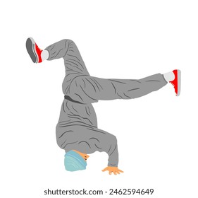 Break dance boy vector illustration isolated on white background. Modern urban dancer exhibition show. Attractive athlete man performer skills on street. Fit sport gymnastic figure. Hip hop music show