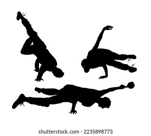 Break dance boy vector silhouette illustration isolated on white background. Modern urban dancer exhibition show. Attractive athlete man shape performer skill street. Fit sport gymnastic figure shadow